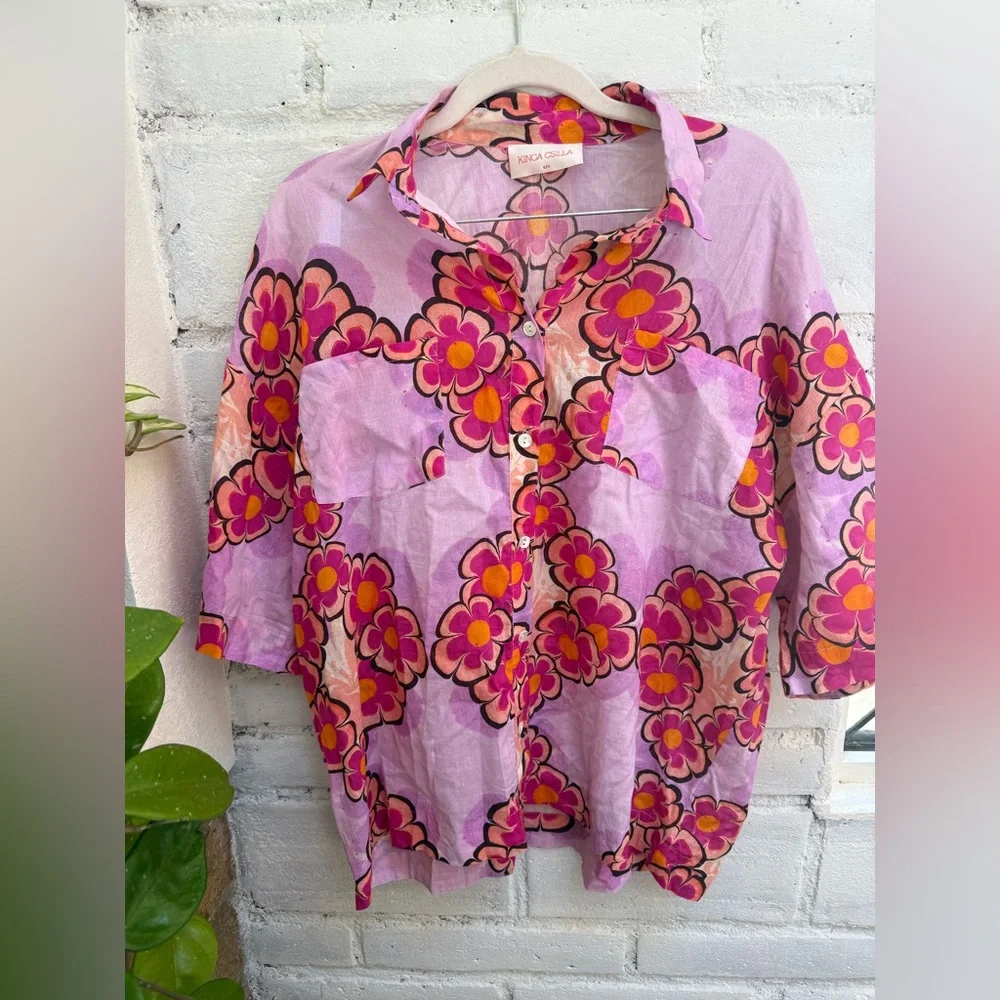 Free People Kinga Csilla Anuenue Lae Boyfriend Pink Rose Floral Shirt - Picture 3 of 7